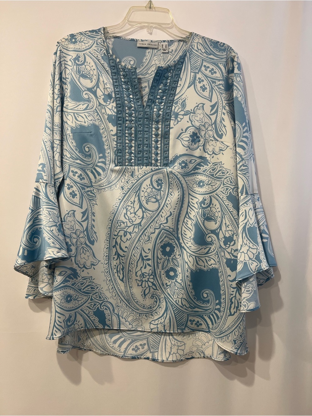 Susan Graver Blue and White Paisley Embroidered V-Neck Tunic Size 6